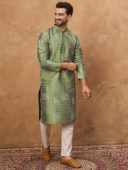 Men Green Silk Blend Geometric Printed Straight Kurta-MKU1530