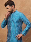 Men Blue Silk Blend Geometric Printed Straight Kurta-MKU1531