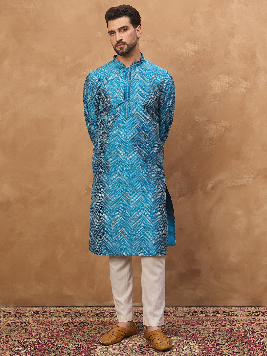 Men Blue Silk Blend Geometric Printed Straight Kurta-MKU1531
