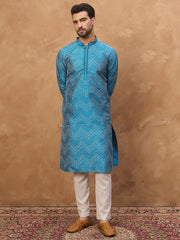 Men Blue Silk Blend Geometric Printed Straight Kurta-MKU1531