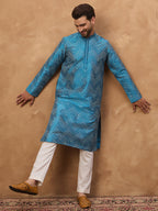 Men Blue Silk Blend Geometric Printed Straight Kurta-MKU1531