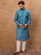 Men Blue Silk Blend Geometric Printed Straight Kurta-MKU1531