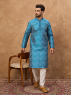 Men Blue Silk Blend Geometric Printed Straight Kurta-MKU1531