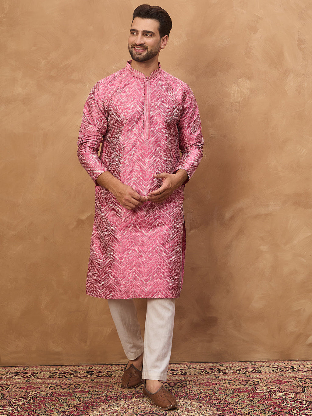 Men Pink Silk Blend Geometric Printed Straight Kurta-MKU1532