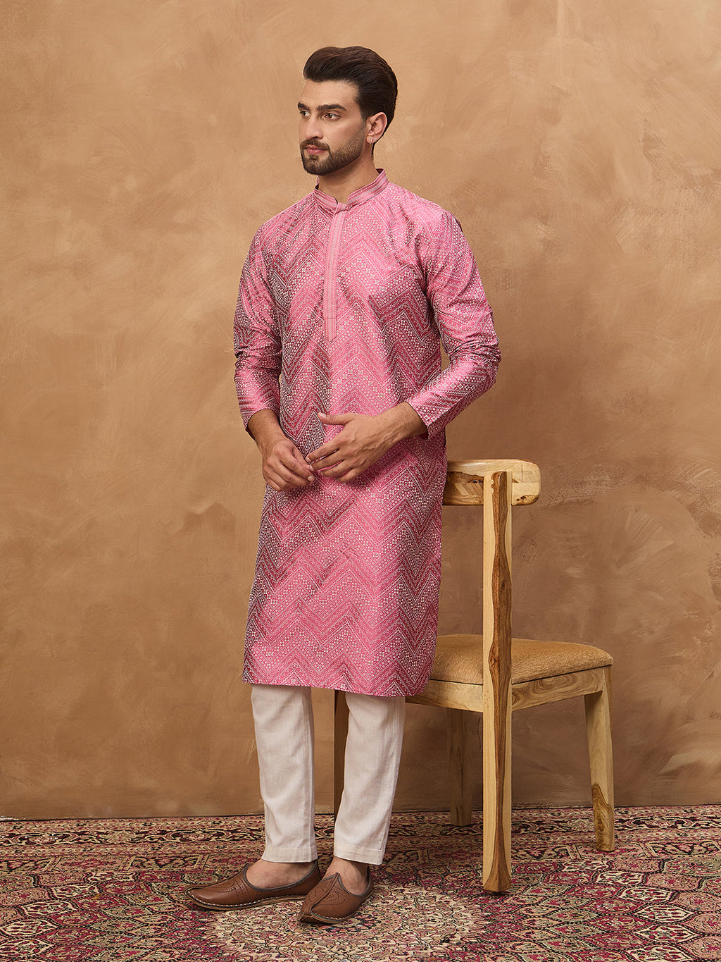 Men Pink Silk Blend Geometric Printed Straight Kurta-MKU1532