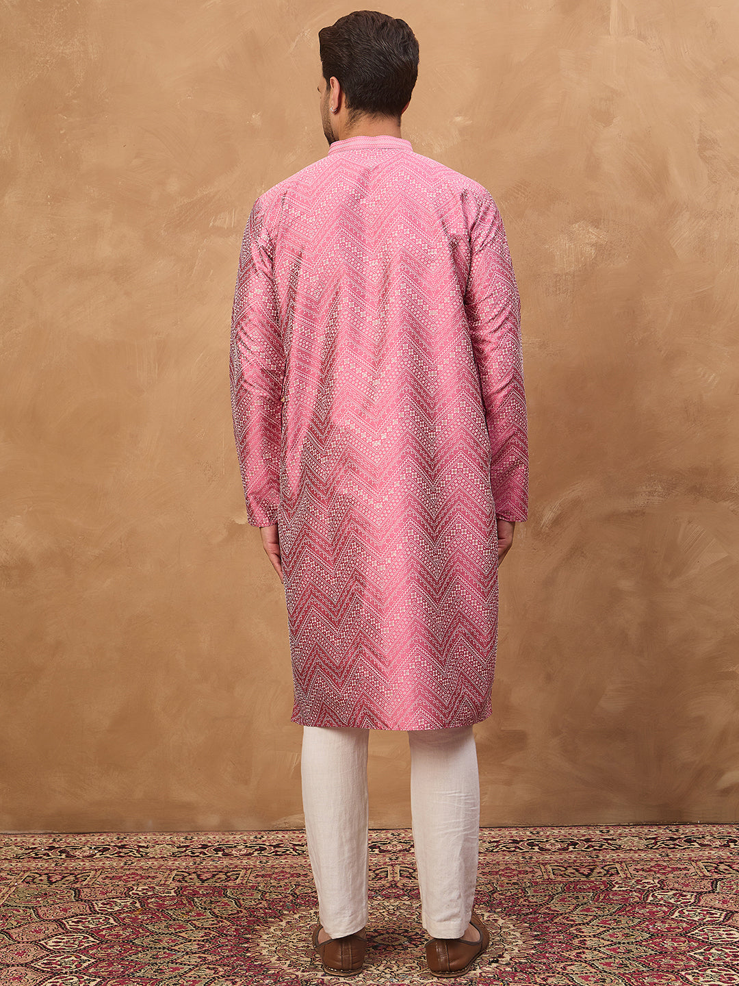 Men Pink Silk Blend Geometric Printed Straight Kurta-MKU1532
