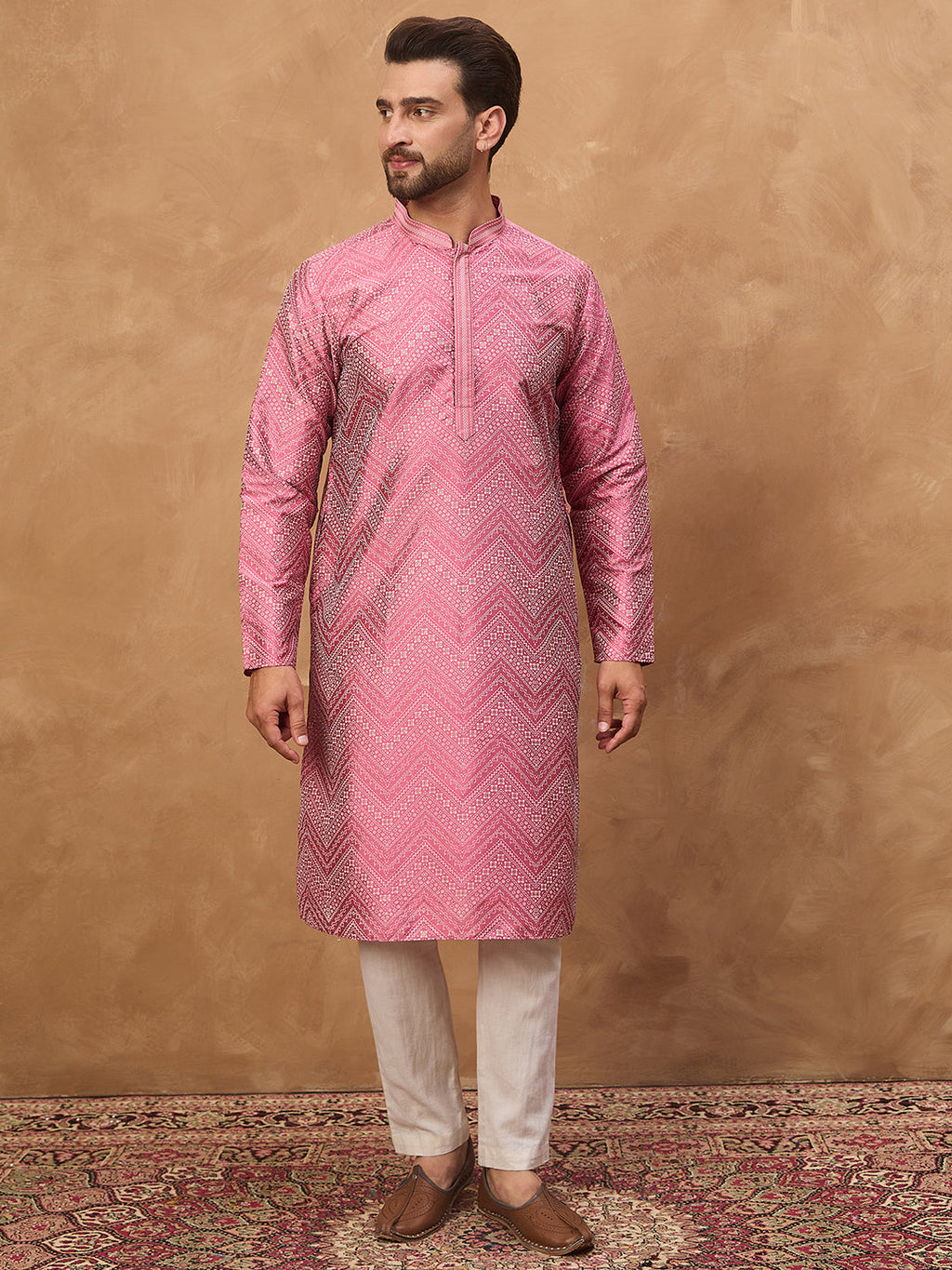 Men Pink Silk Blend Geometric Printed Straight Kurta-MKU1532