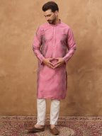 Men Pink Silk Blend Geometric Printed Straight Kurta-MKU1532