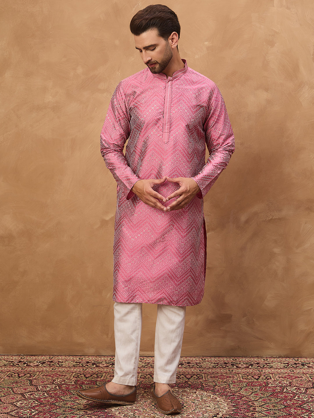 Men Pink Silk Blend Geometric Printed Straight Kurta-MKU1532