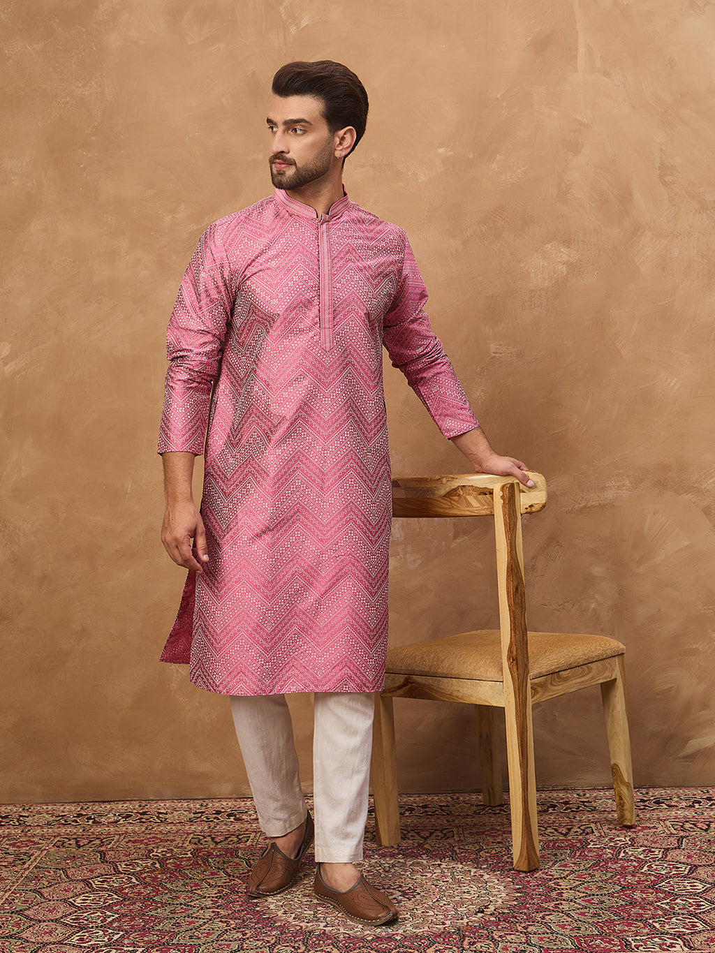 Men Pink Silk Blend Geometric Printed Straight Kurta-MKU1532