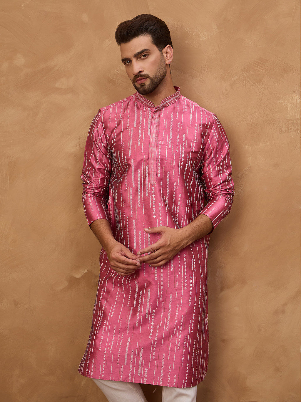 Men Pink Silk Blend Geometric Printed Straight Kurta-MKU1533