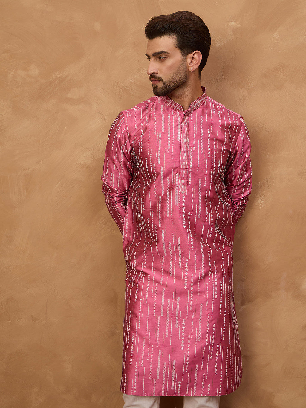 Men Pink Silk Blend Geometric Printed Straight Kurta-MKU1533