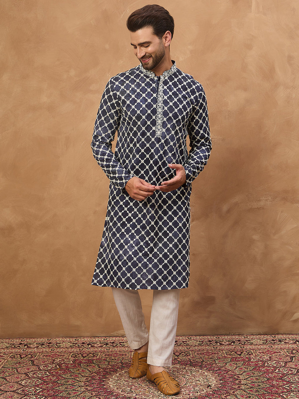 Men Blue Viscose Rayon Shibori Embroidered Straight Kurta-MKU1534