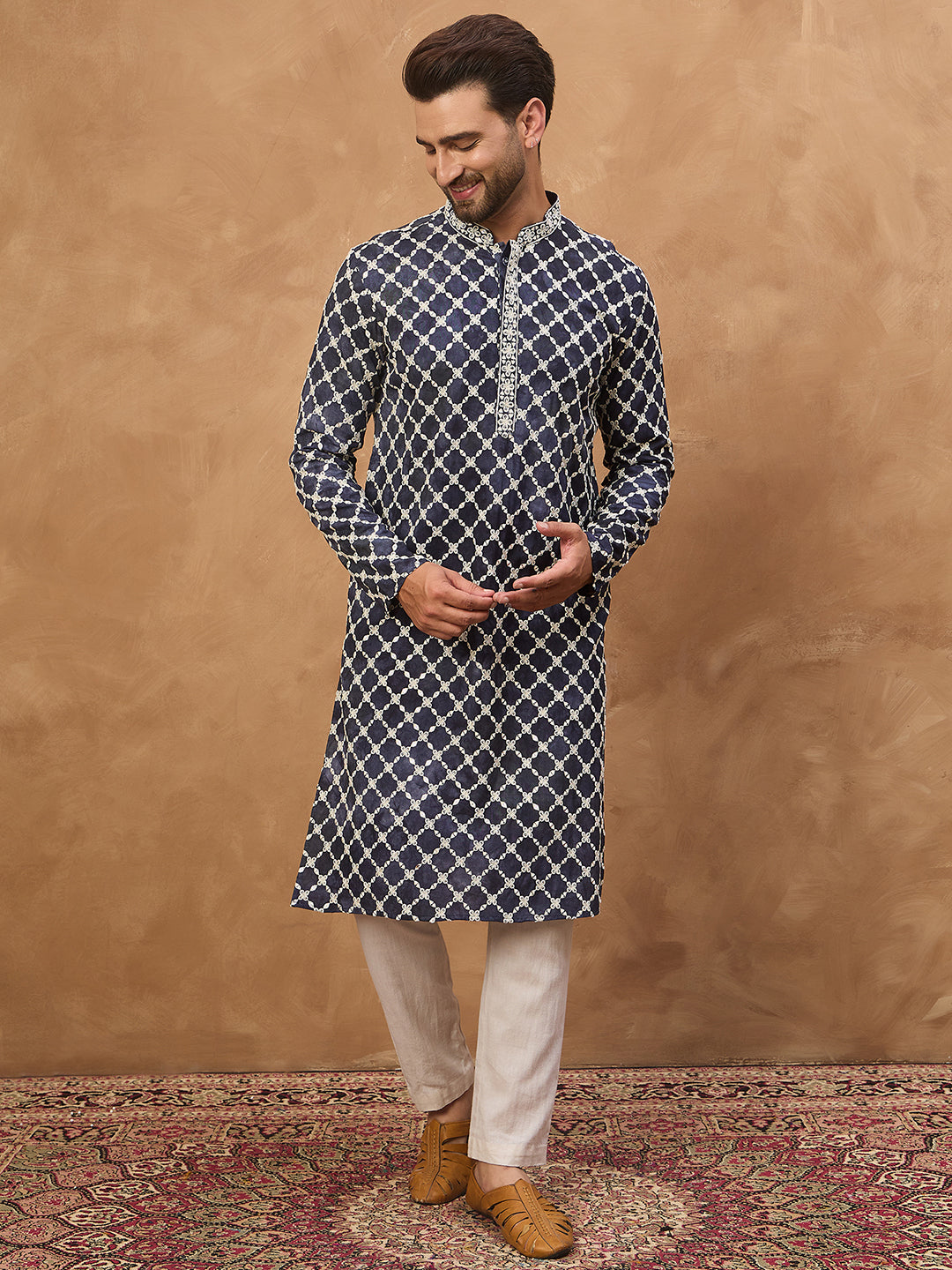 Men Blue Viscose Rayon Shibori Embroidered Straight Kurta-MKU1534