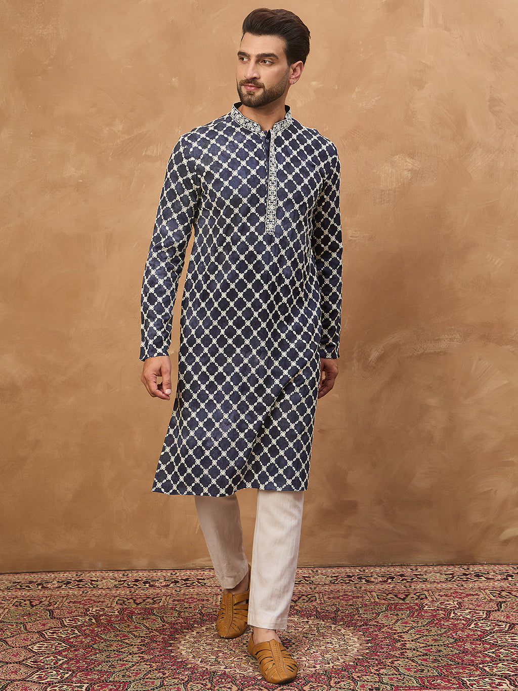 Men Blue Viscose Rayon Shibori Embroidered Straight Kurta-MKU1534