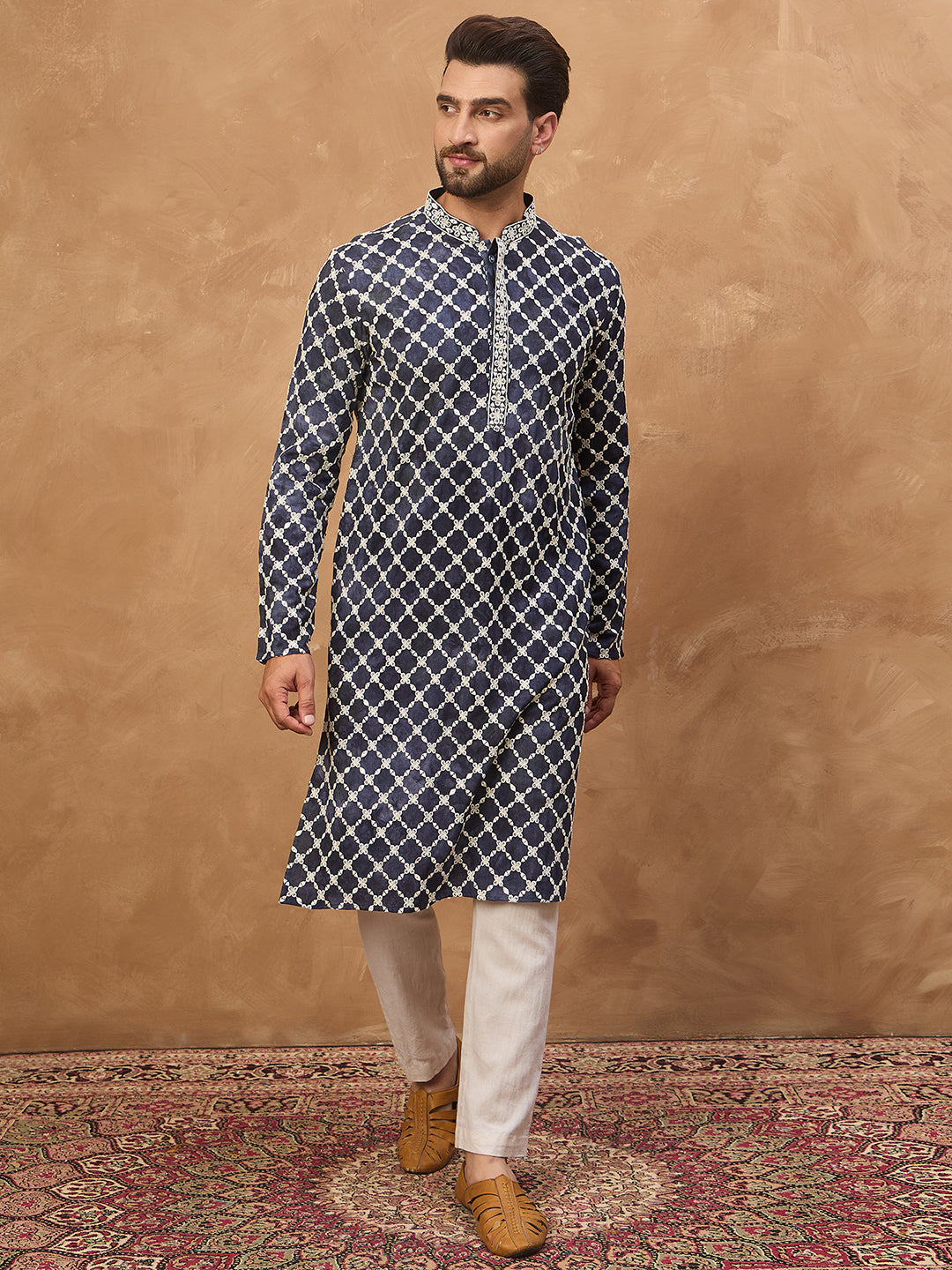 Men Blue Viscose Rayon Shibori Embroidered Straight Kurta-MKU1534
