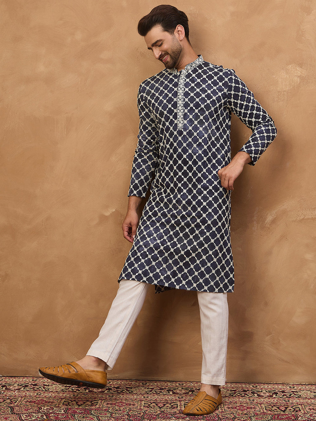 Men Blue Viscose Rayon Shibori Embroidered Straight Kurta-MKU1534