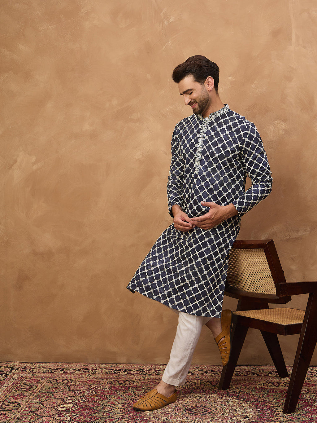 Men Blue Viscose Rayon Shibori Embroidered Straight Kurta-MKU1534