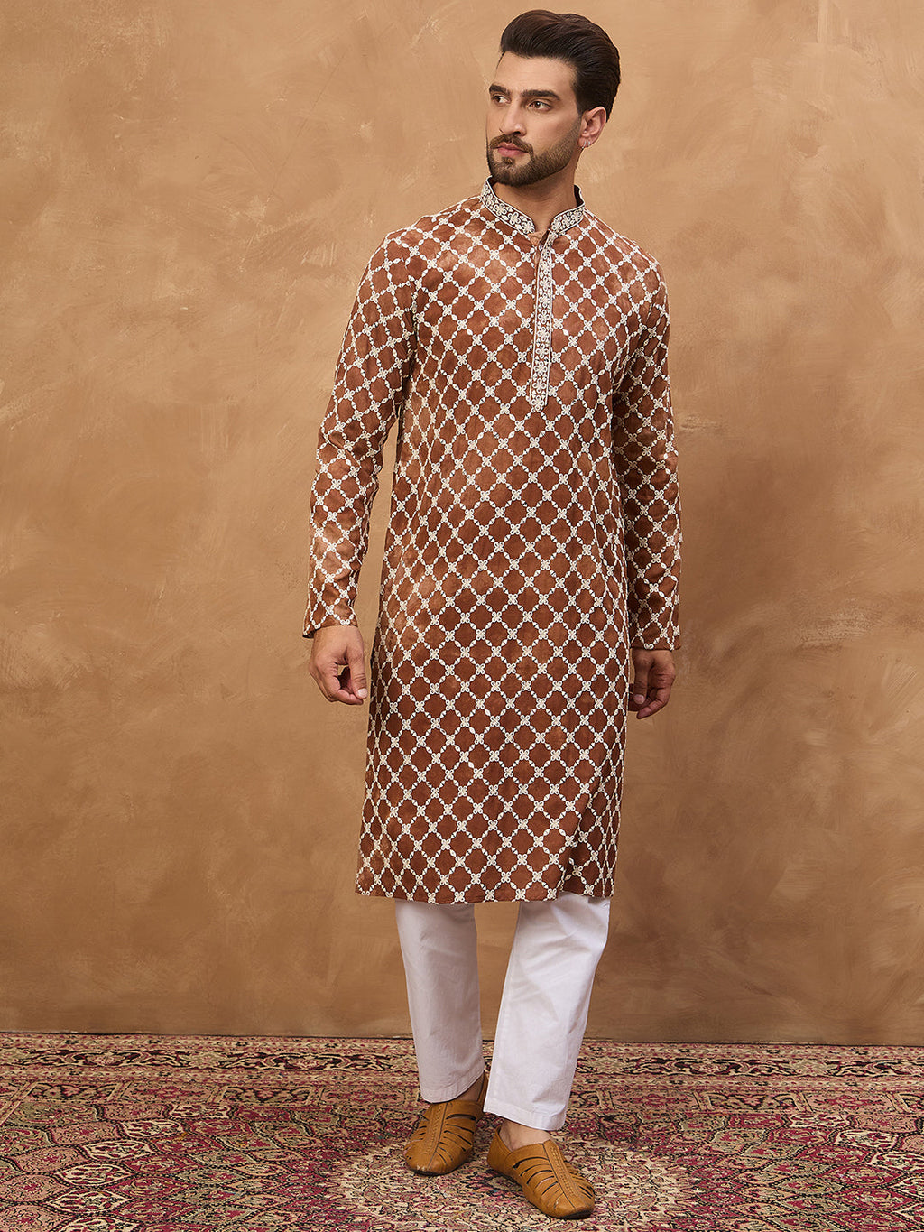 Men Brown Viscose Rayon Solid Embroidered Straight Kurta-MKU1535