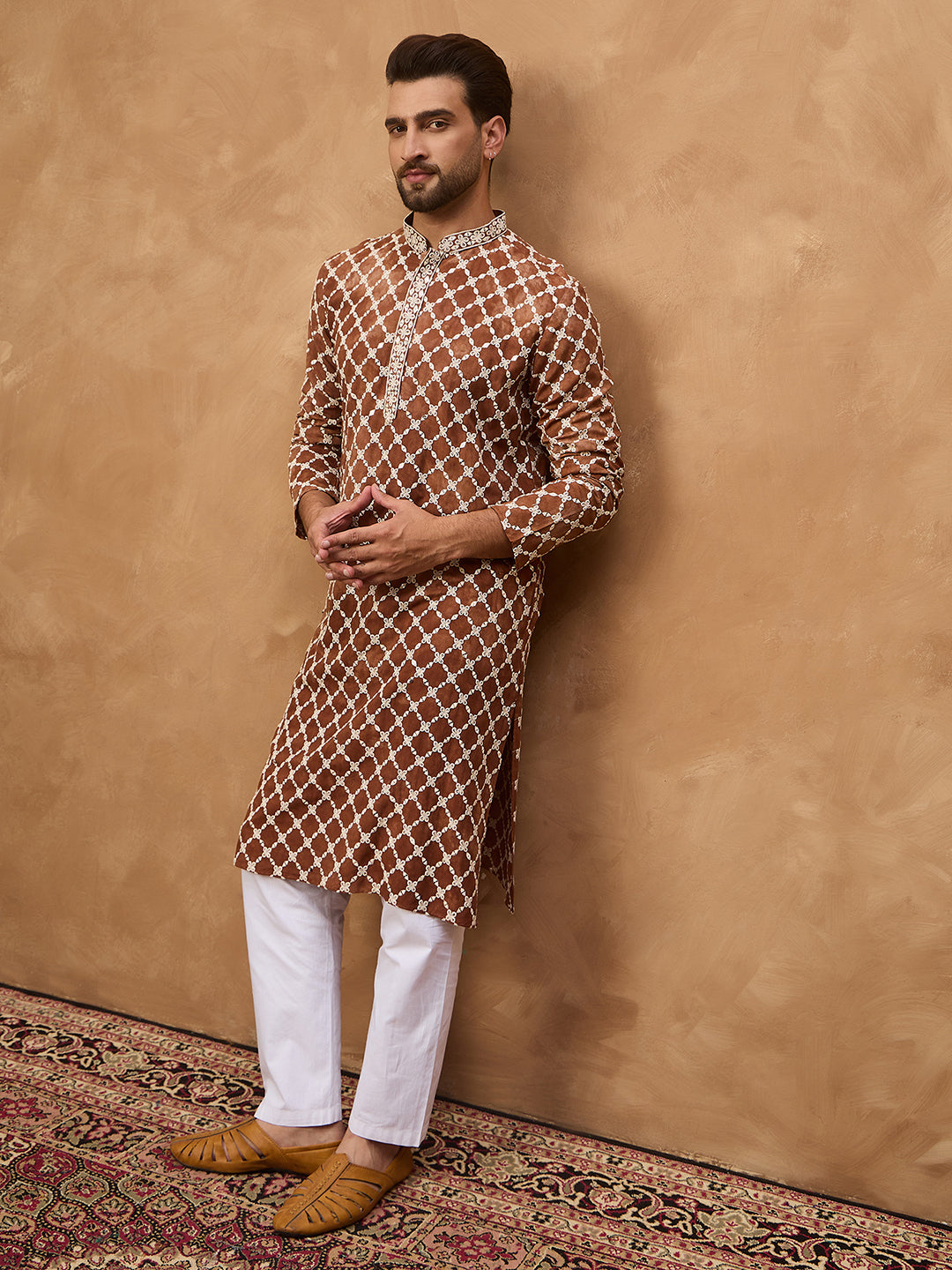 Men Brown Viscose Rayon Solid Embroidered Straight Kurta-MKU1535