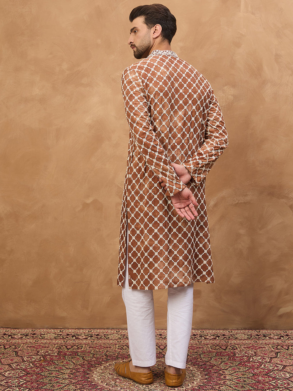Men Brown Viscose Rayon Solid Embroidered Straight Kurta-MKU1535