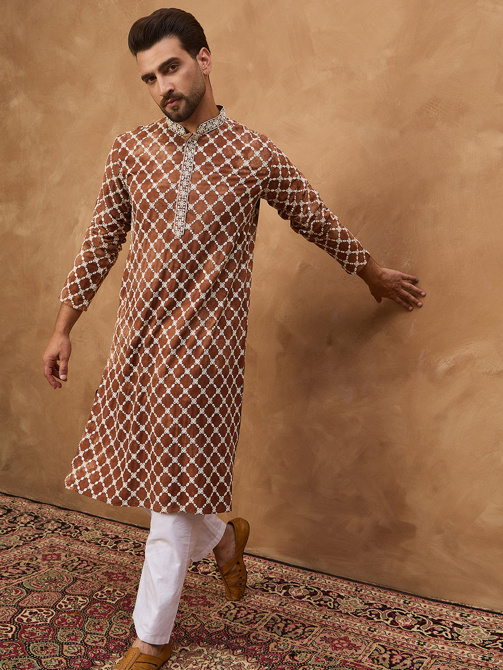 Men Brown Viscose Rayon Solid Embroidered Straight Kurta-MKU1535