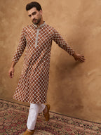 Men Brown Viscose Rayon Solid Embroidered Straight Kurta-MKU1535