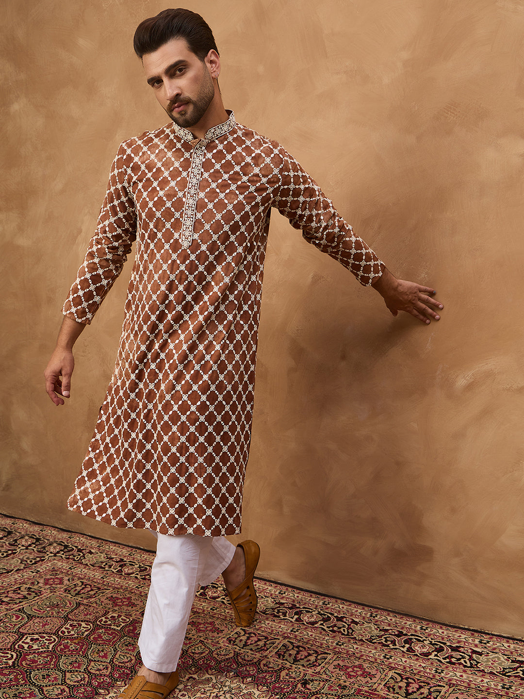 Men Brown Viscose Rayon Solid Embroidered Straight Kurta-MKU1535