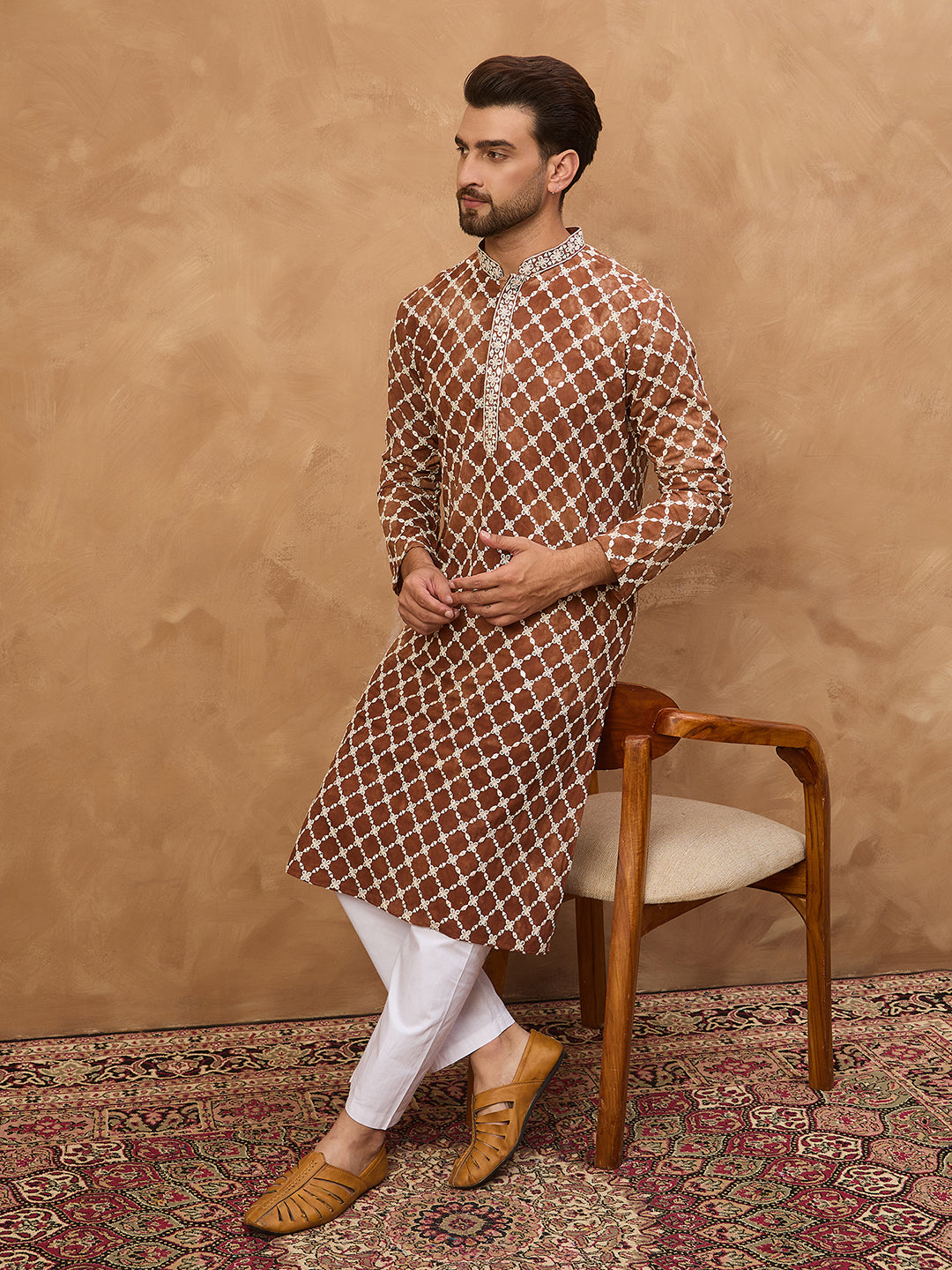 Men Brown Viscose Rayon Solid Embroidered Straight Kurta-MKU1535