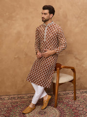 Men Brown Viscose Rayon Solid Embroidered Straight Kurta-MKU1535