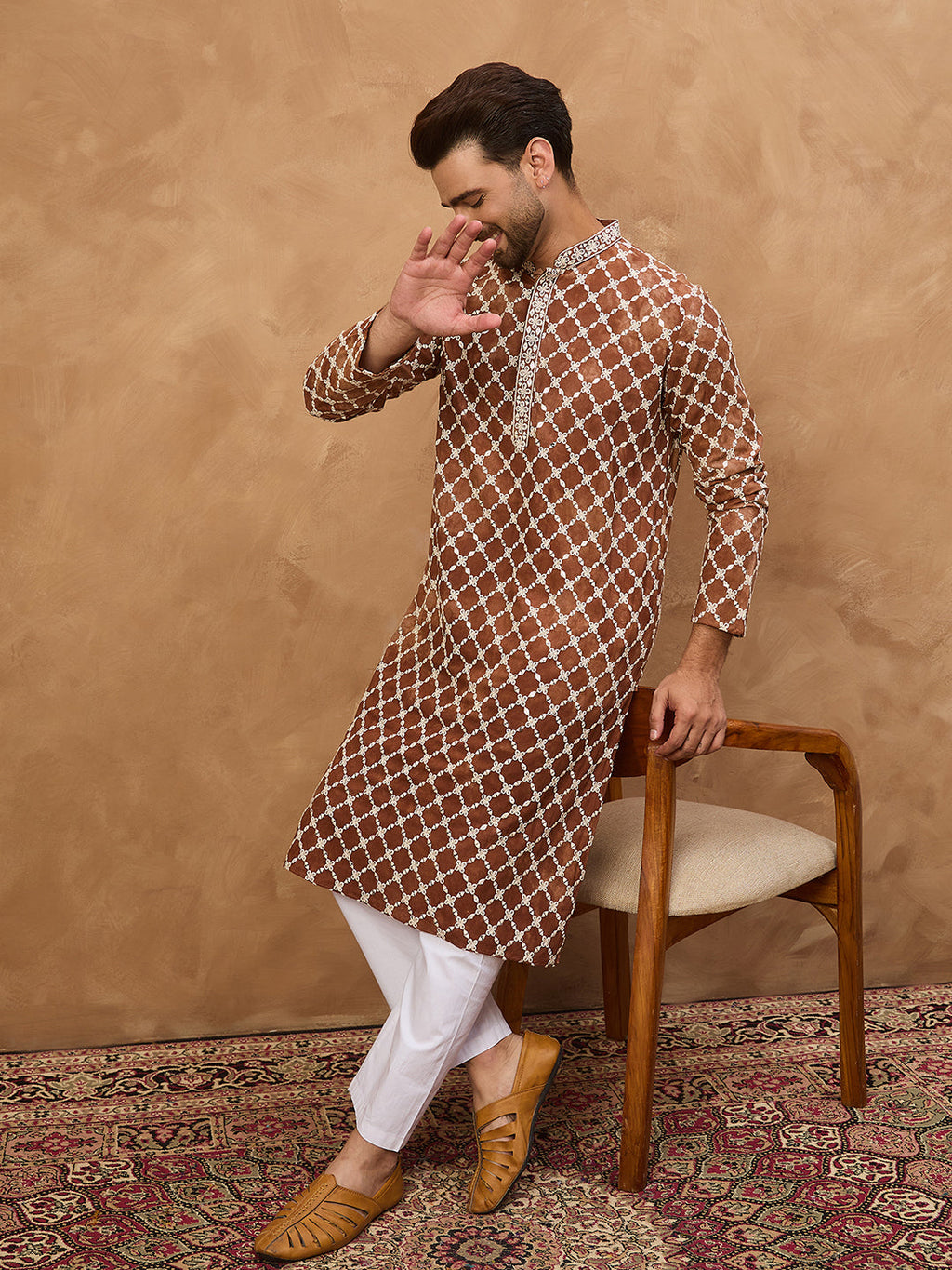 Men Brown Viscose Rayon Solid Embroidered Straight Kurta-MKU1535