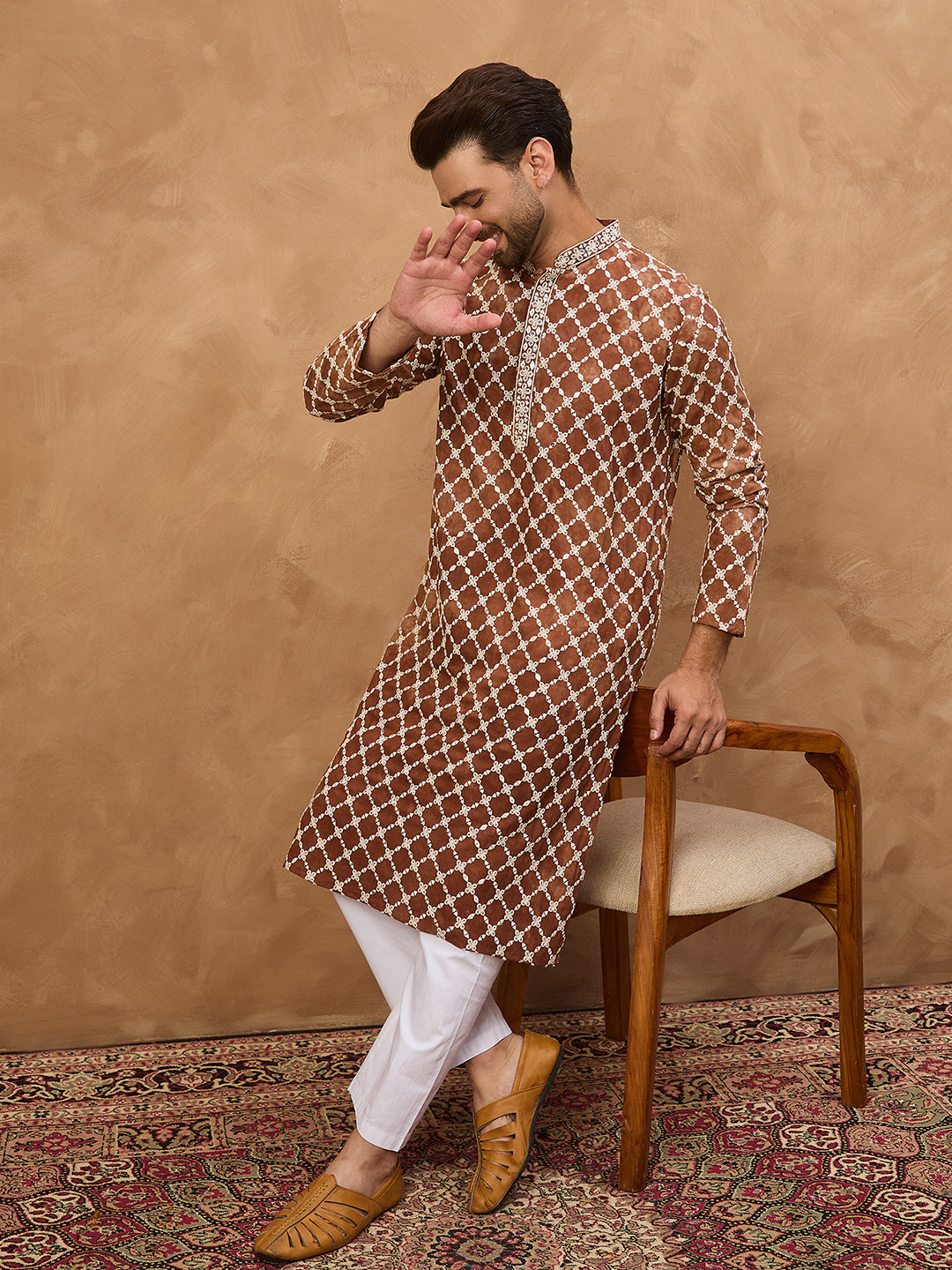 Men Brown Viscose Rayon Solid Embroidered Straight Kurta-MKU1535