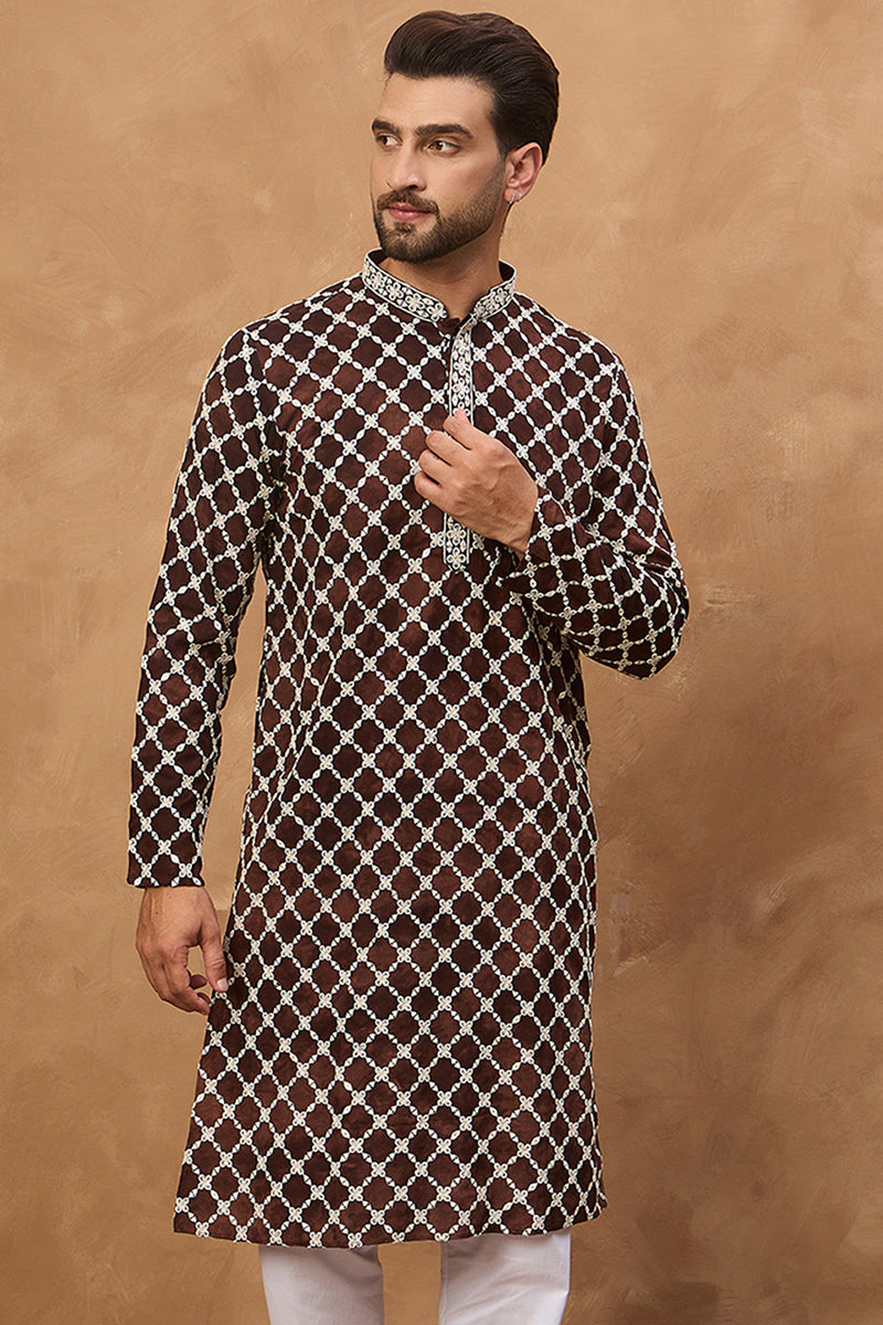 Brown Viscose Solid Indian Wear for Men HMKU1536 | DesiQlo