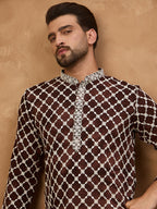 Men Brown Viscose Rayon Solid Embroidered Straight Kurta-MKU1536