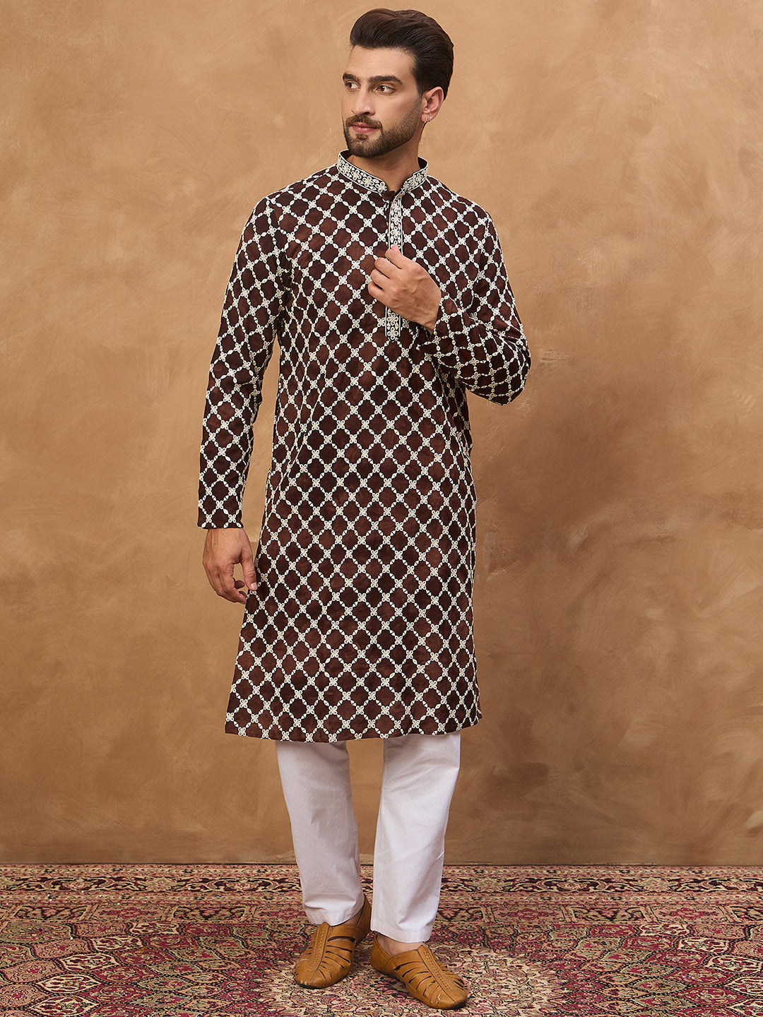 Men Brown Viscose Rayon Solid Embroidered Straight Kurta-MKU1536