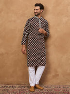 Men Brown Viscose Rayon Solid Embroidered Straight Kurta-MKU1536