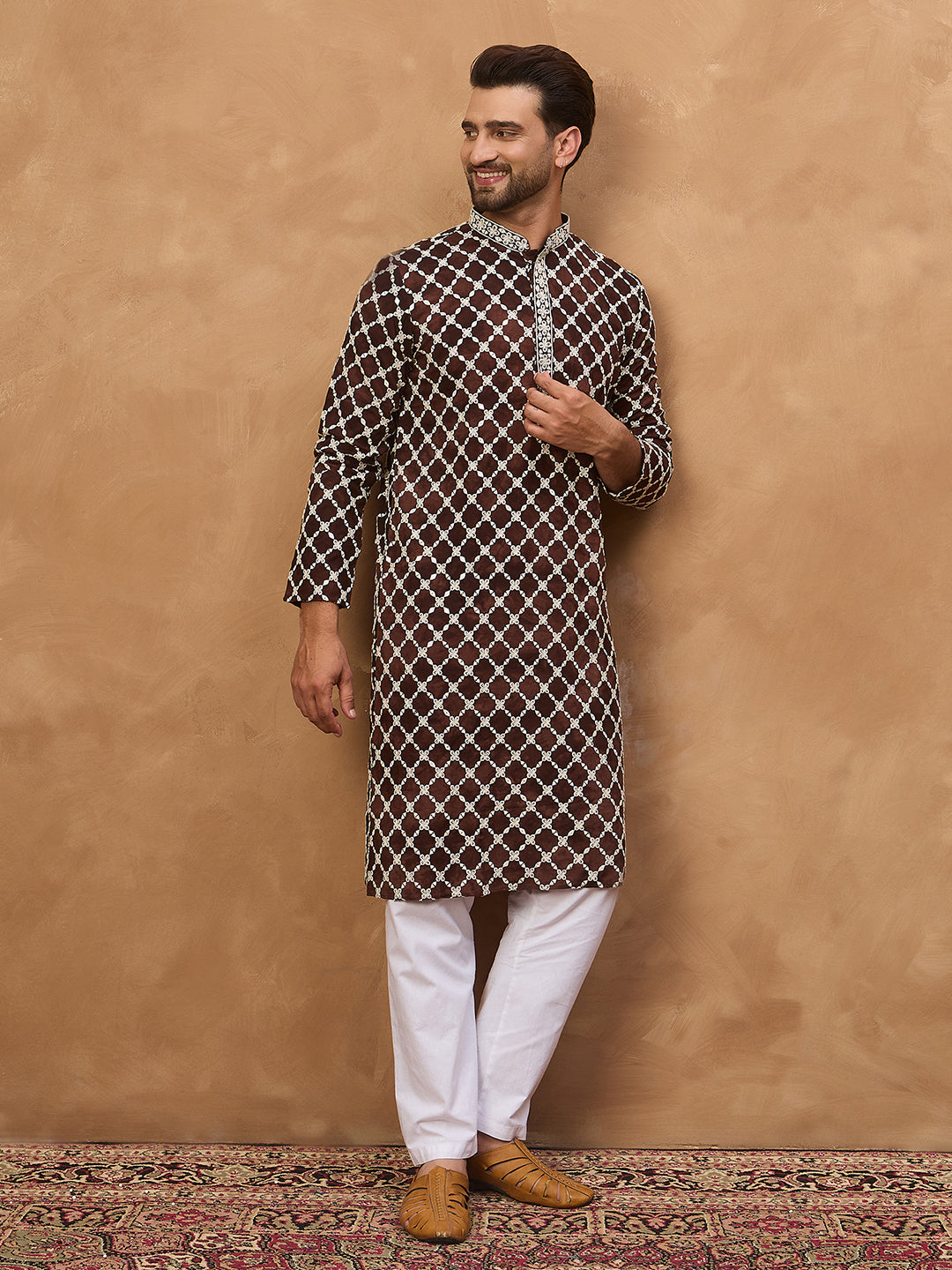 Men Brown Viscose Rayon Solid Embroidered Straight Kurta-MKU1536