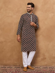 Men Brown Viscose Rayon Solid Embroidered Straight Kurta-MKU1536