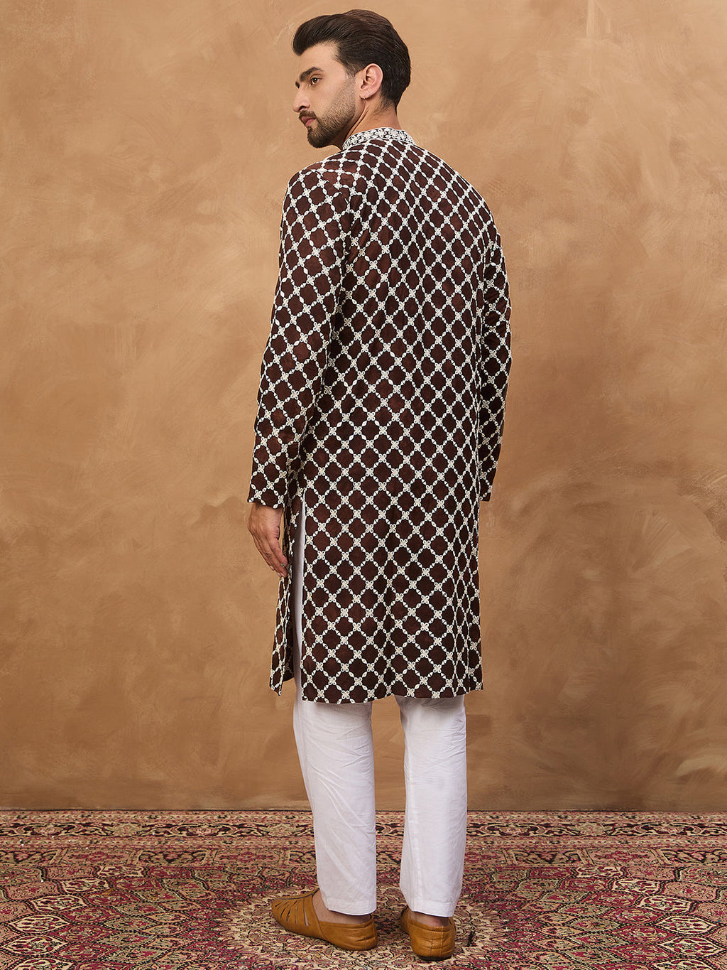 Men Brown Viscose Rayon Solid Embroidered Straight Kurta-MKU1536