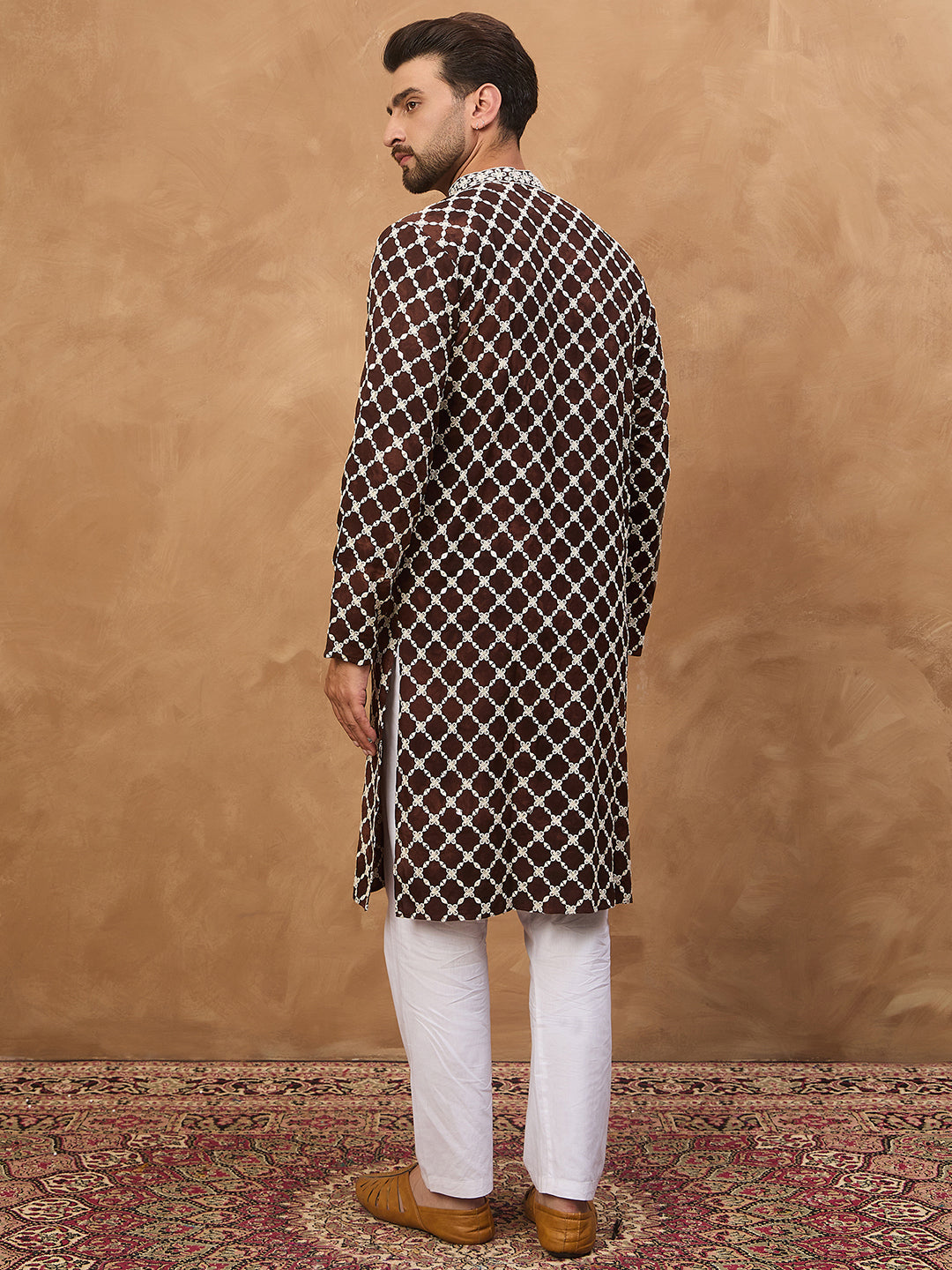 Men Brown Viscose Rayon Solid Embroidered Straight Kurta-MKU1536