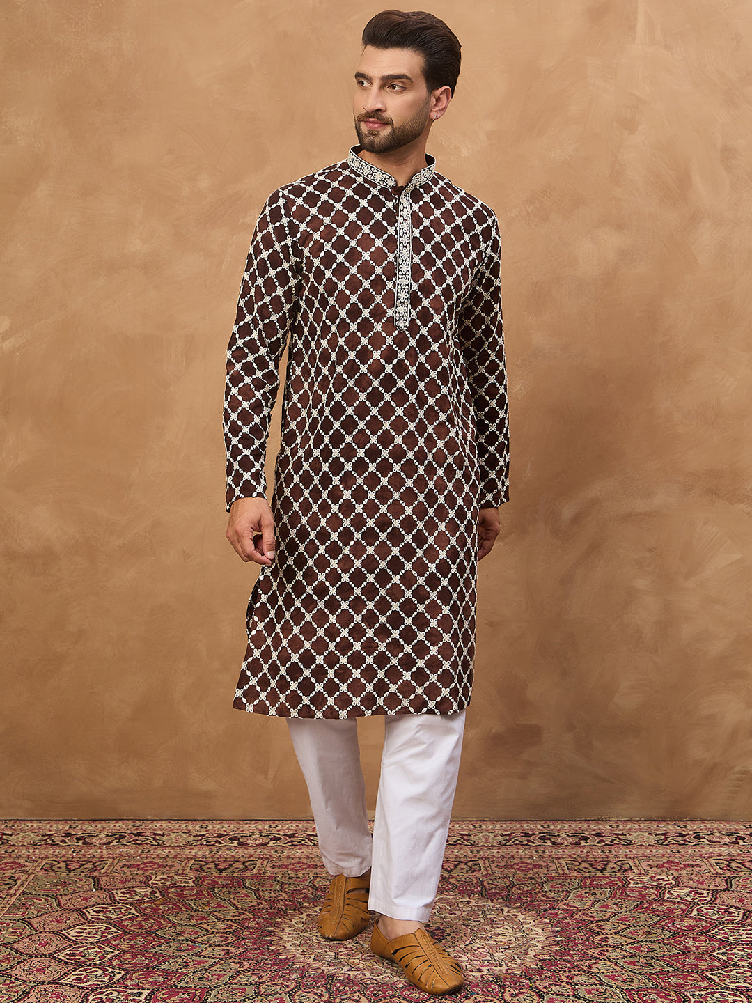 Men Brown Viscose Rayon Solid Embroidered Straight Kurta-MKU1536
