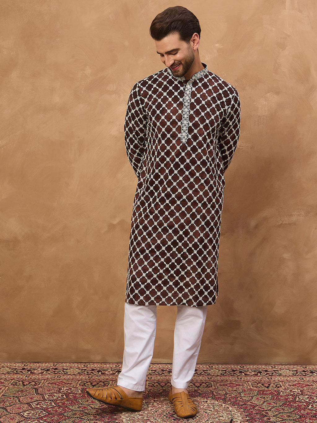 Men Brown Viscose Rayon Solid Embroidered Straight Kurta-MKU1536