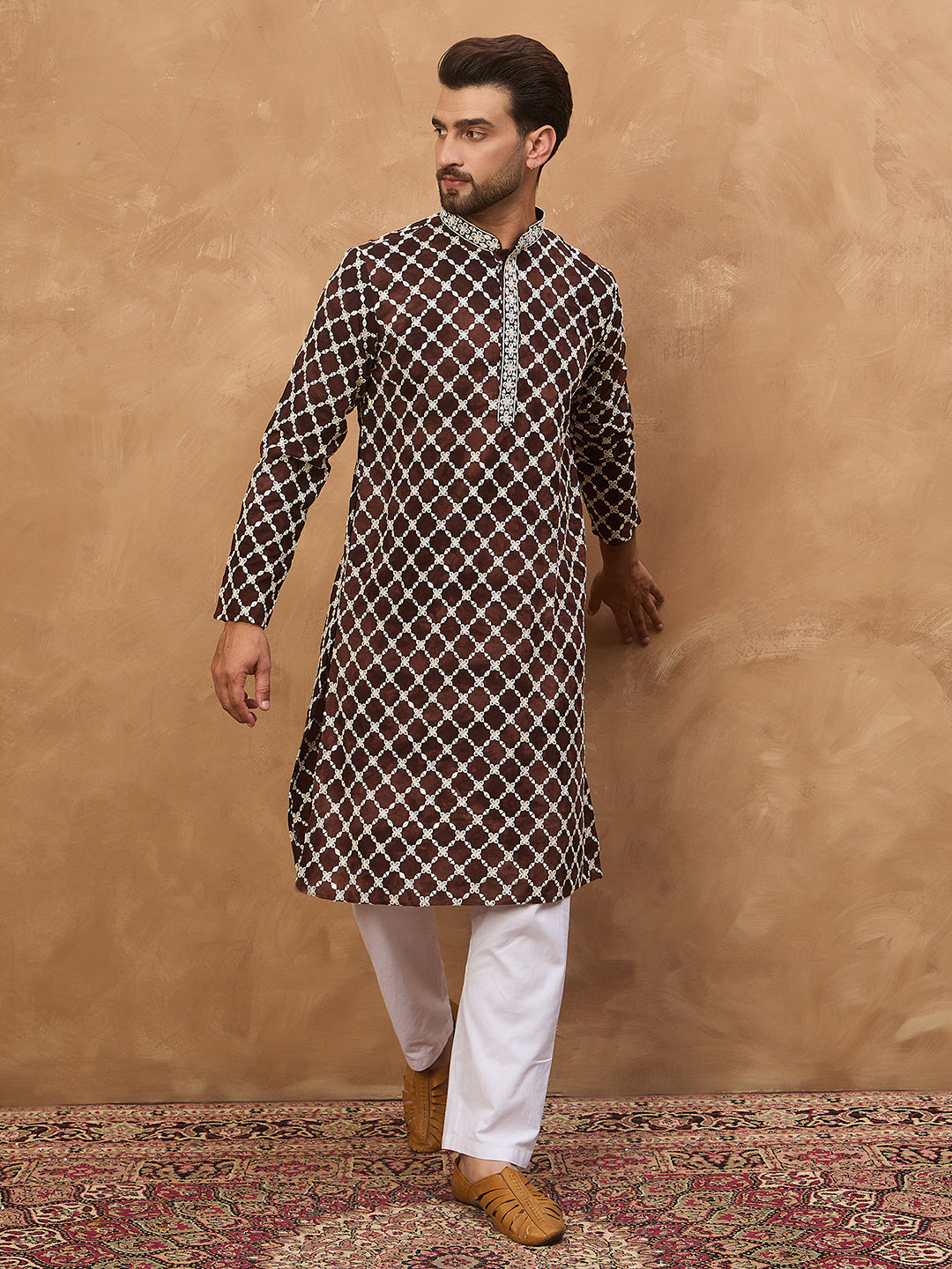 Men Brown Viscose Rayon Solid Embroidered Straight Kurta-MKU1536