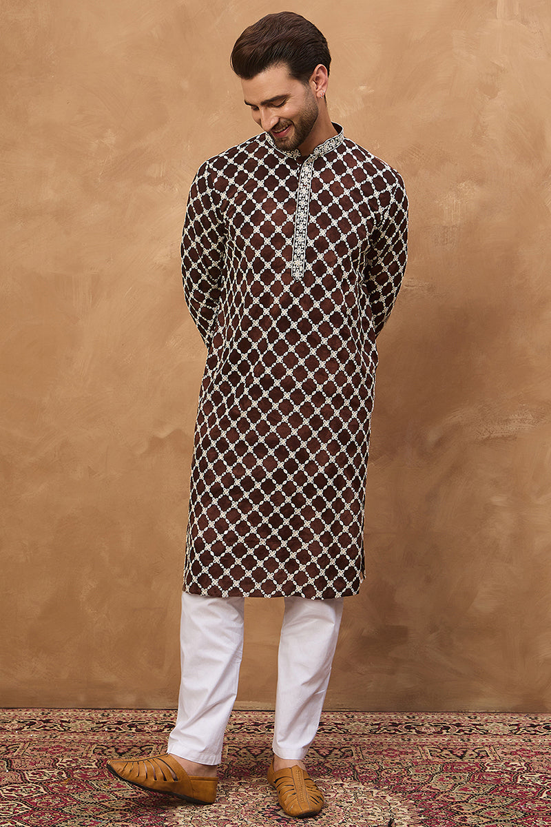 Brown Viscose Solid Indian Wear for Men HMKU1536 | DesiQlo