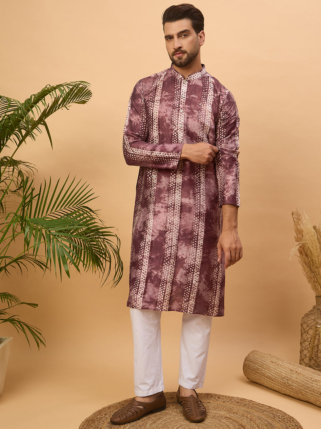 Men Burgundy Silk Blend Shibori Embroidered Straight Kurta-MKU1537