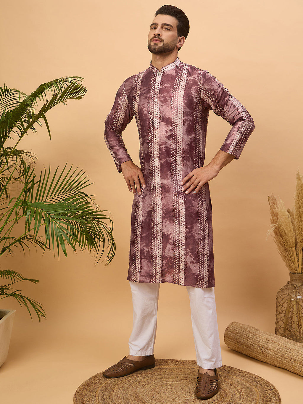 Men Burgundy Silk Blend Shibori Embroidered Straight Kurta-MKU1537