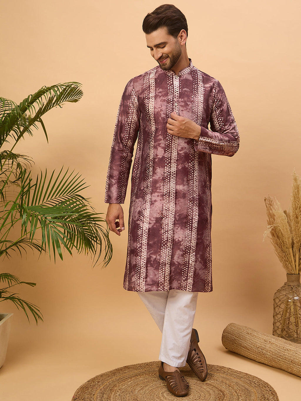 Men Burgundy Silk Blend Shibori Embroidered Straight Kurta-MKU1537