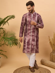 Men Burgundy Silk Blend Shibori Embroidered Straight Kurta-MKU1537