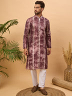 Men Burgundy Silk Blend Shibori Embroidered Straight Kurta-MKU1537