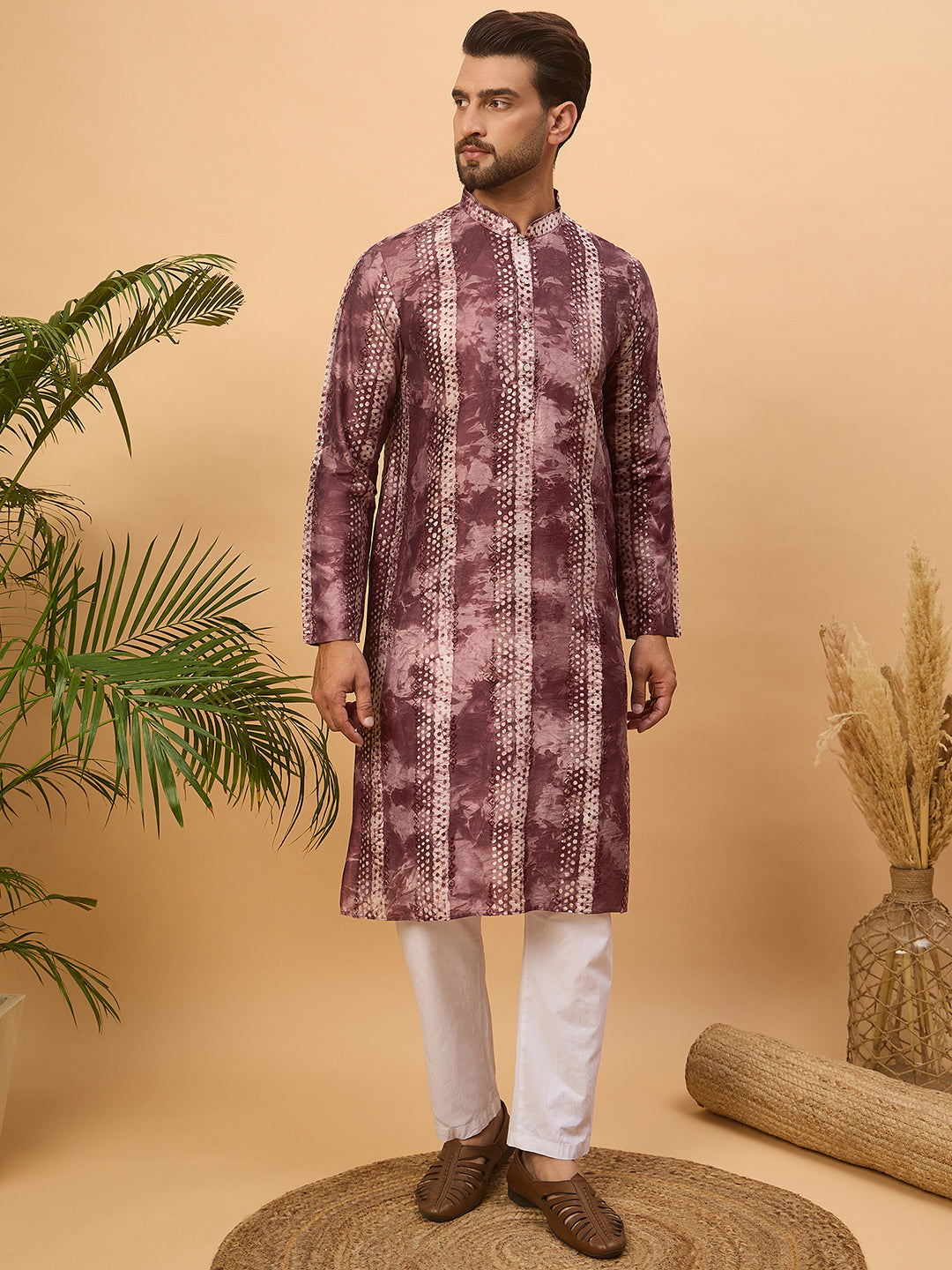 Men Burgundy Silk Blend Shibori Embroidered Straight Kurta-MKU1537